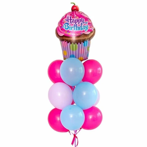 Связка шариков с кексом "Happy Birthday" в розово-голубых оттенках купить в СПб с доставкой