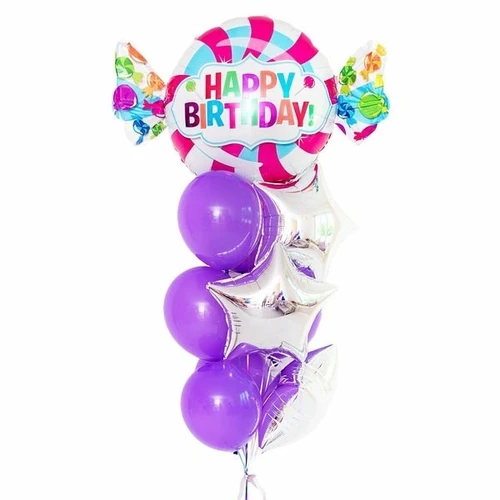 Связка шариков с конфетой "Happy Birthday" и серебряными звездами купить в СПб с доставкой