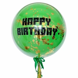 {{photo.Alt || photo.Description || 'Зеркальный зеленый гигант с конфетти и черной надписью Happy Birthday'}}
